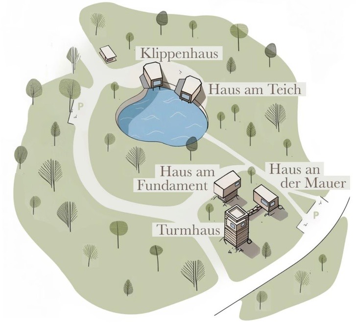 Illustrierter Übersichtsplan des edelførst-Areals mit allen Häusern, Parkplätzen und Zufahrten